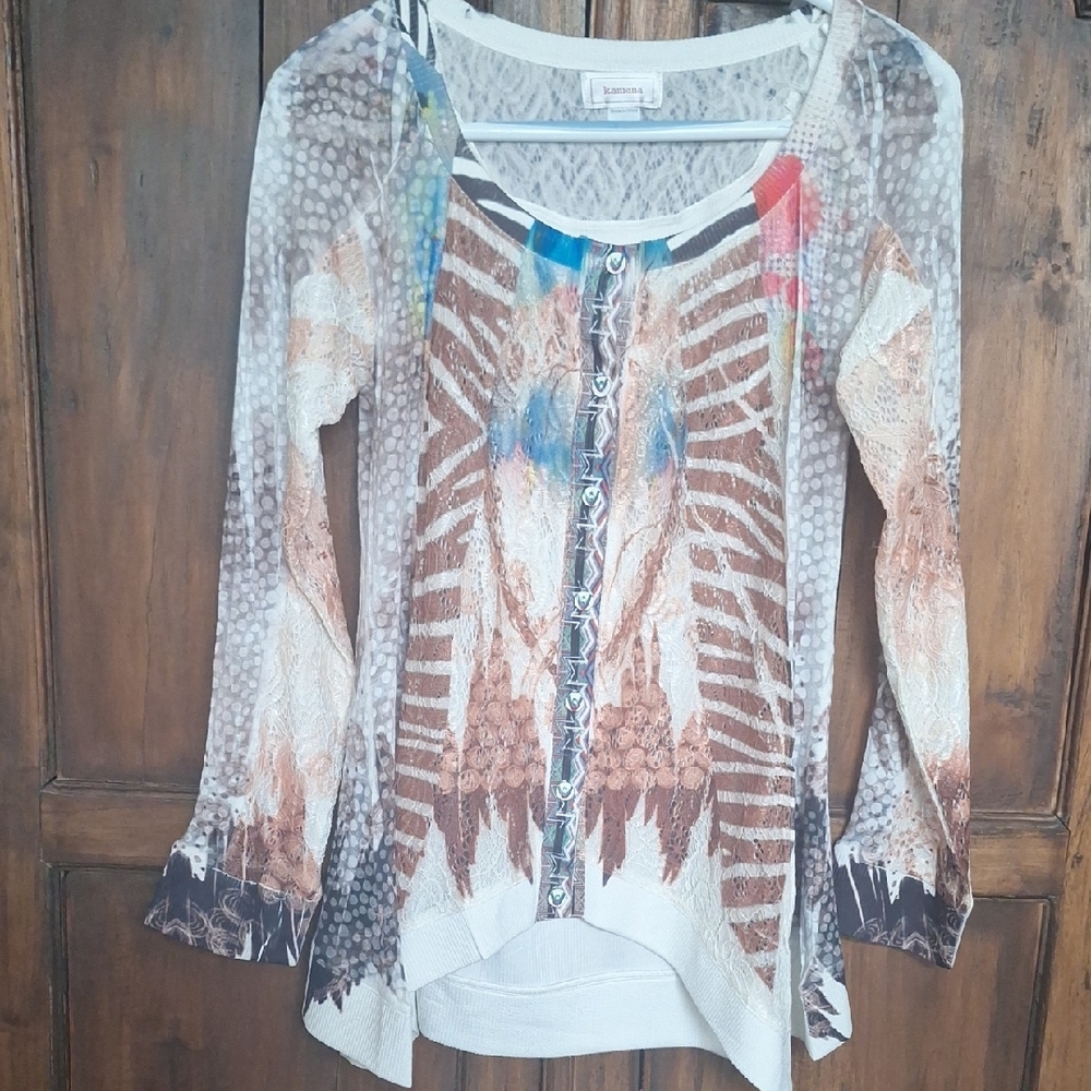 Kamana Asymmetrical Cream, turquoise, brown, black and White Long Sleeve Blouse
